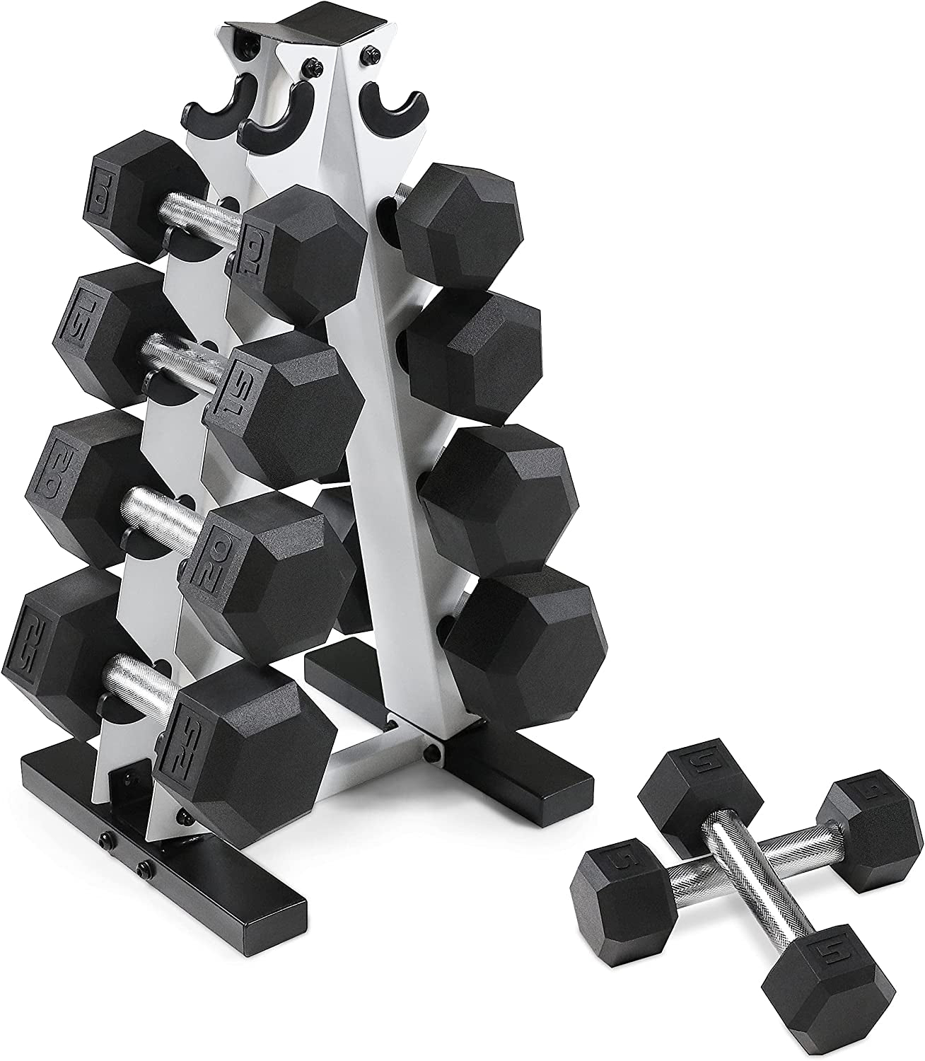 Rubber Hex Dumbbell Set with Rack – 5–25 lb Home Gym Weights
