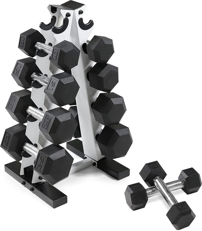 Rubber Hex Dumbbell Set with Rack – 5–25 lb Home Gym Weights