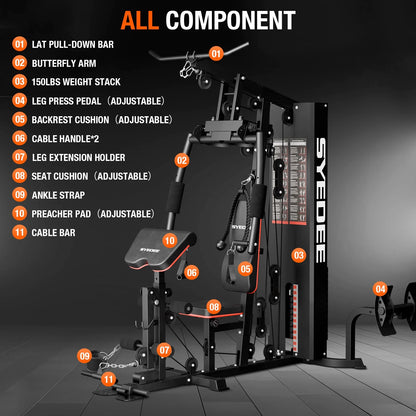 Home Gym Station with 150 lb Weight Stack – All-in-One Full Body Strength Training System