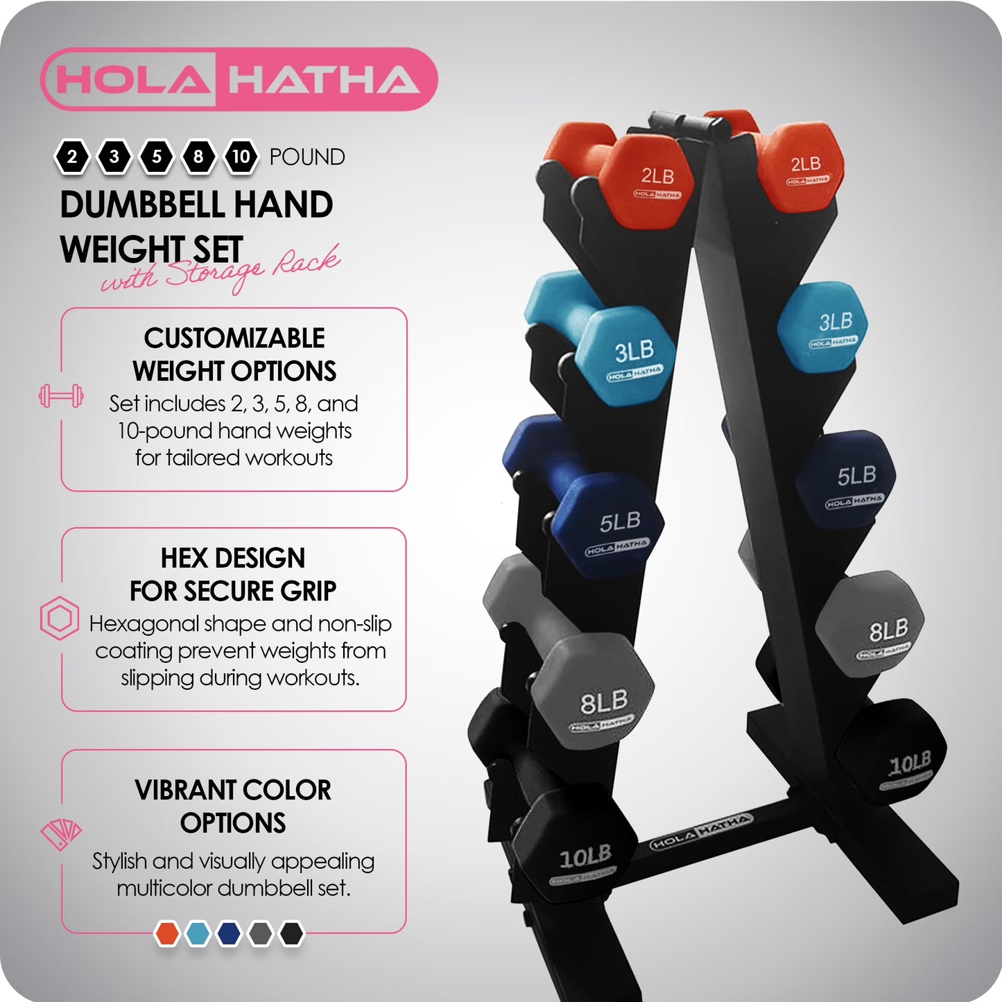Home Workout Dumbbell Set with Rack – 2–10 lb Neoprene Weights
