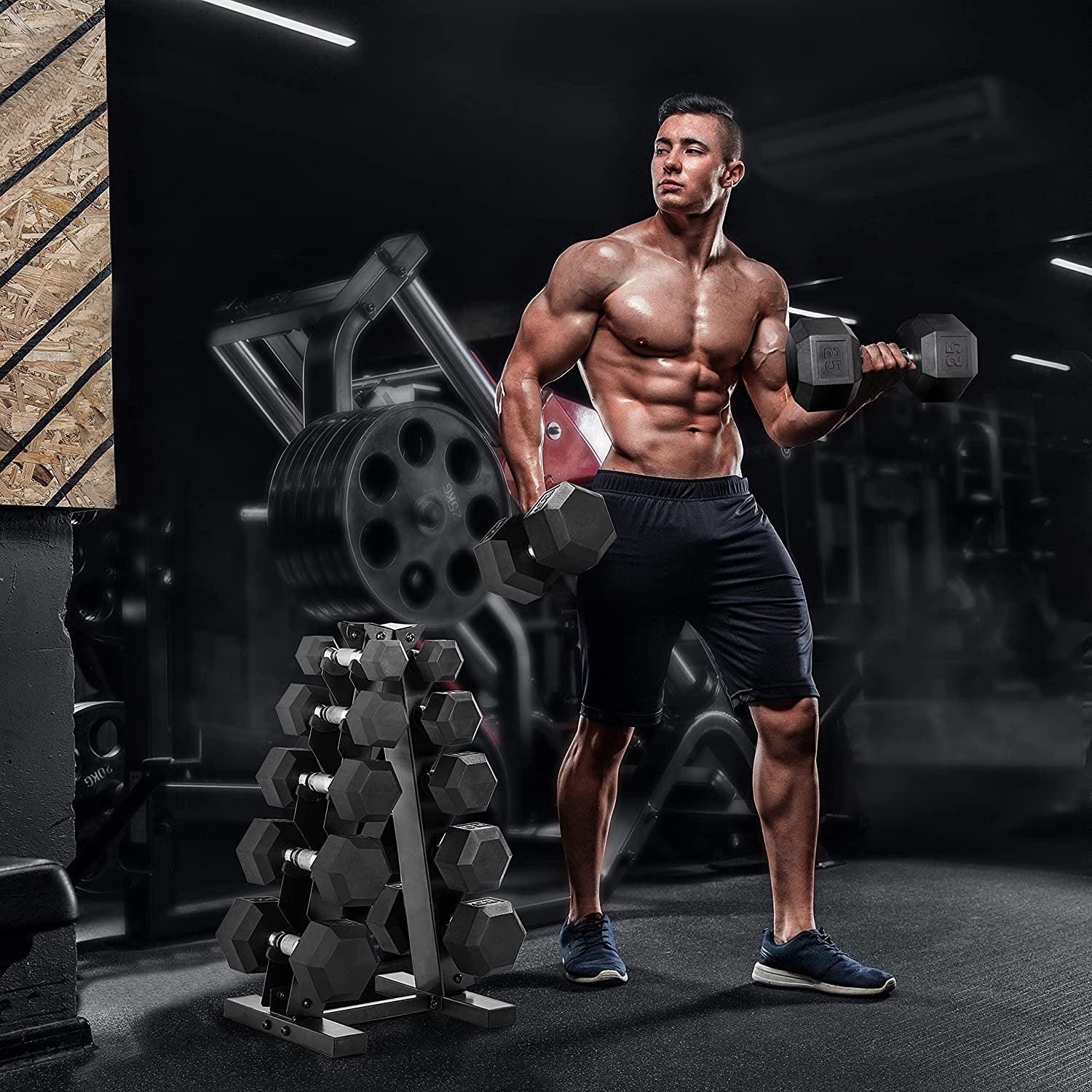 Rubber Hex Dumbbell Set with Rack – 5–25 lb Home Gym Weights