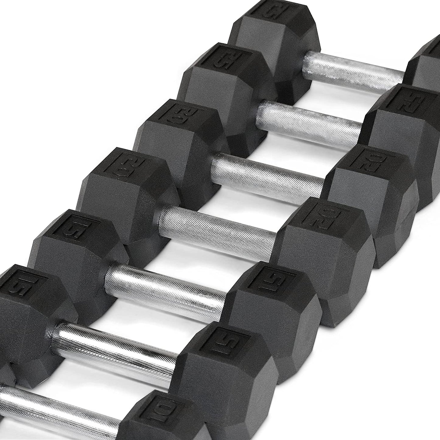 Rubber Hex Dumbbell Set with Rack – 5–25 lb Home Gym Weights