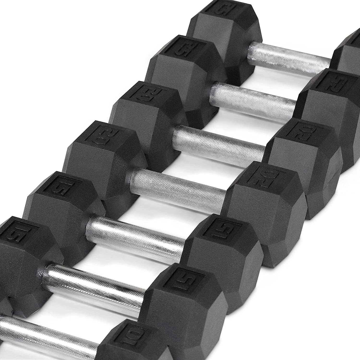 Rubber Hex Dumbbell Set with Rack – 5–25 lb Home Gym Weights