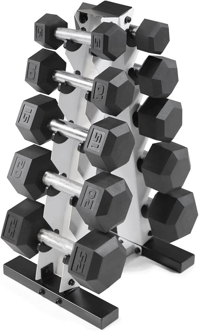 Rubber Hex Dumbbell Set with Rack – 5–25 lb Home Gym Weights