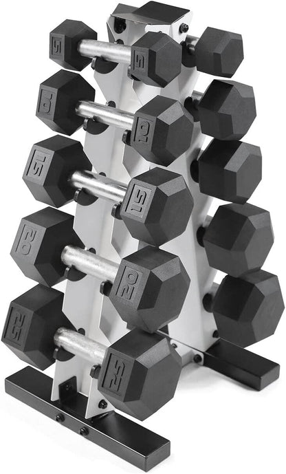 Rubber Hex Dumbbell Set with Rack – 5–25 lb Home Gym Weights
