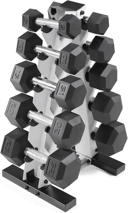 Rubber Hex Dumbbell Set with Rack – 5–25 lb Home Gym Weights