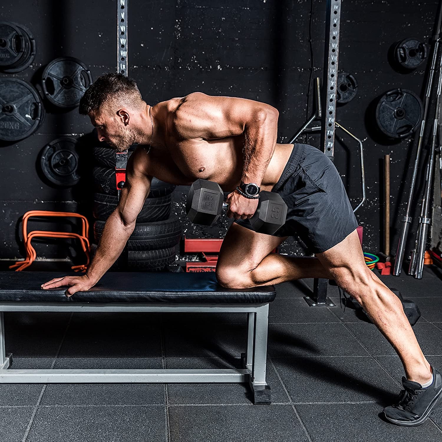 Rubber Hex Dumbbell Set with Rack – 5–25 lb Home Gym Weights