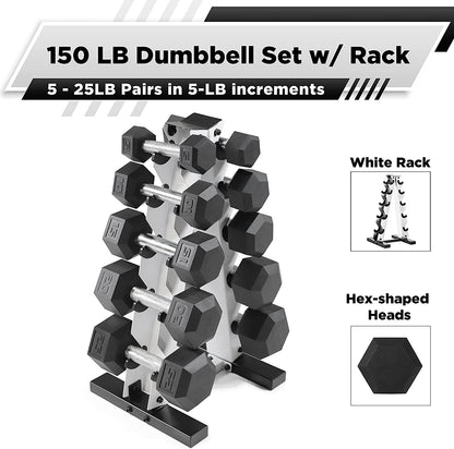 Rubber Hex Dumbbell Set with Rack – 5–25 lb Home Gym Weights
