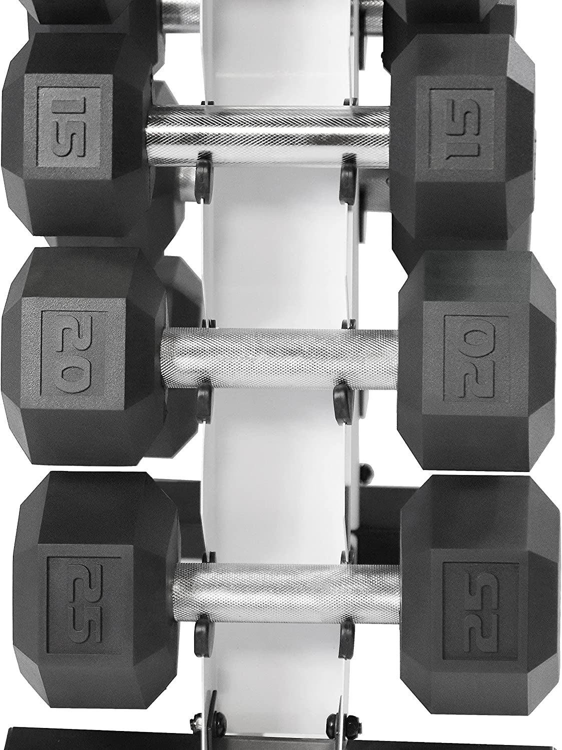 Rubber Hex Dumbbell Set with Rack – 5–25 lb Home Gym Weights