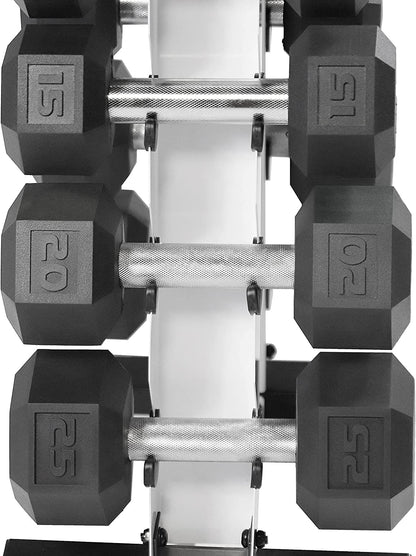 Rubber Hex Dumbbell Set with Rack – 5–25 lb Home Gym Weights